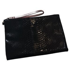 Victoria's Secret Love Victoria Clutch Bag Black Animal Texture Shiny Zipper NEW